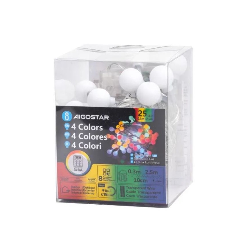 Aigostar - LED RGBY Buiten Kerst lichtsnoer 25xLED/3xAA/8 Functies 2,8 m IP44