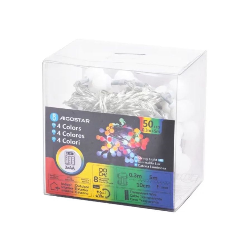 Aigostar - LED RGBY Buiten Kerst lichtsnoer 50xLED/3xAA/8 Functies 5,3 m IP44