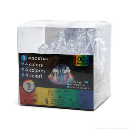 Aigostar - LED buitenkerstsnoer 100xLED, 8 functies, 3xAA, 10 m, IP44, meerkleurige druppelvormige lampjes