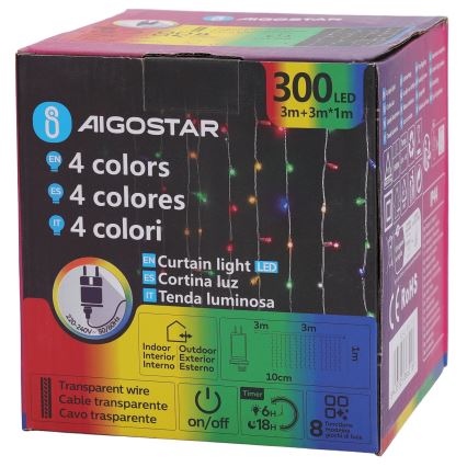 Aigostar - LED RGBY Buiten kerstverlichting 300xLED/8 functies 3x1m IP44 + met afstandsbediening