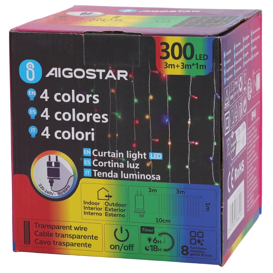 Aigostar - LED RGBY Buiten kerstverlichting 300xLED/8 functies 3x1m IP44 + met afstandsbediening