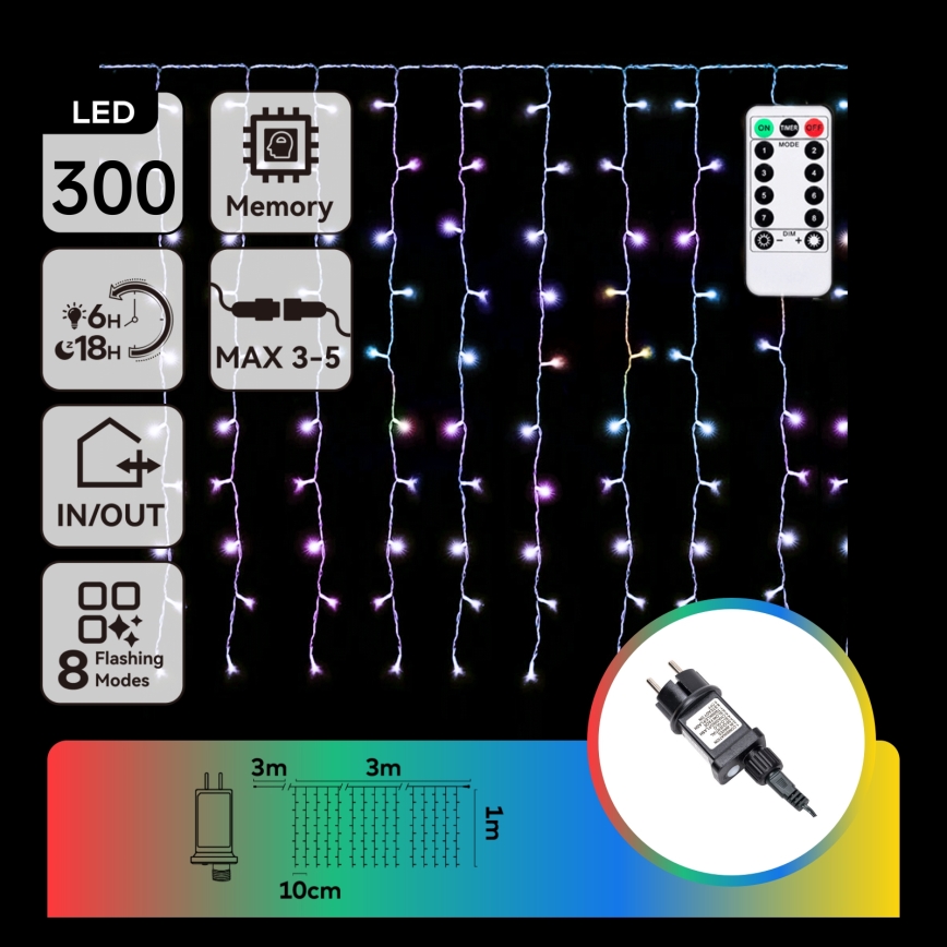 Aigostar - LED RGBY Buiten kerstverlichting 300xLED/8 functies 3x1m IP44 + met afstandsbediening