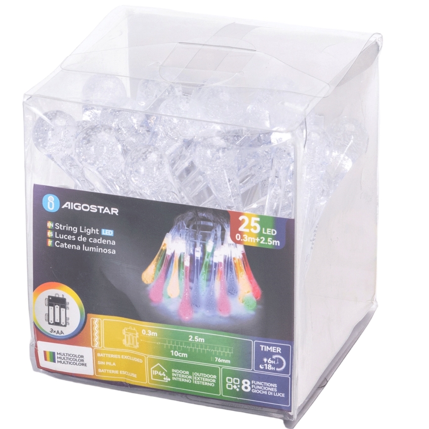 Aigostar - LED-buitenslinger 25xLED/8 functies 3xAA 2,5 m IP44 meerkleurige druppels