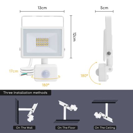 Aigostar - LED Schijnwerper met Sensor LED/20W/230V 4000K IP65 wit