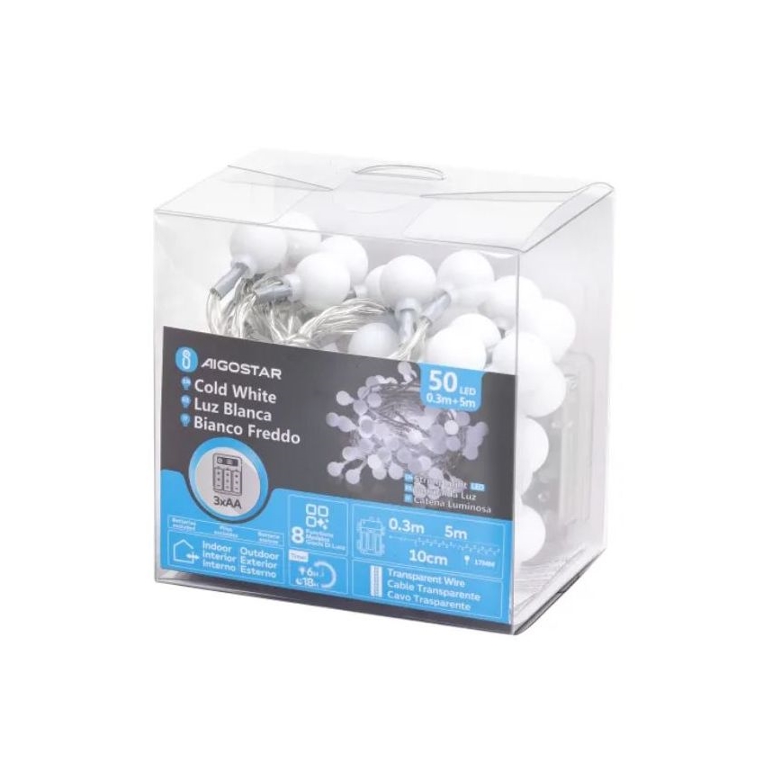 Aigostar - LED buiten  snoer 50xLED/3xAA/8 functies 5,3 m IP44 koelwit