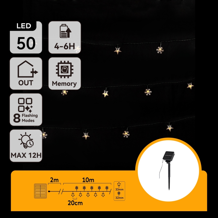 Aigostar - LED-snoer op zonne-energie 50xLED/8 functies 12m 800mAh IP65 warm wit