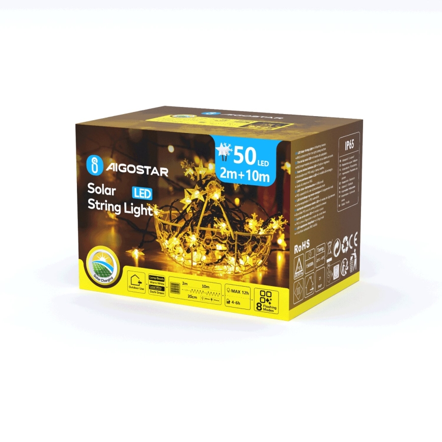 Aigostar - LED-snoer op zonne-energie 50xLED/8 functies 12m 800mAh IP65 warm wit