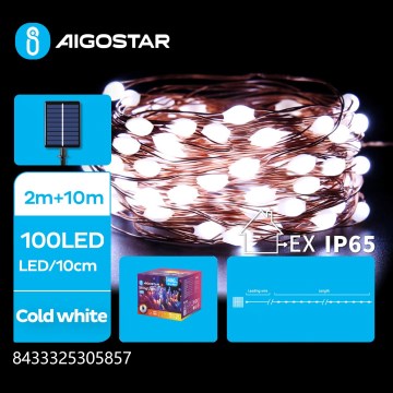 Aigostar - LED-snoer op zonne-energie 100×LED / 8 functies, 12 m, IP65, 800 mAh, koud wit