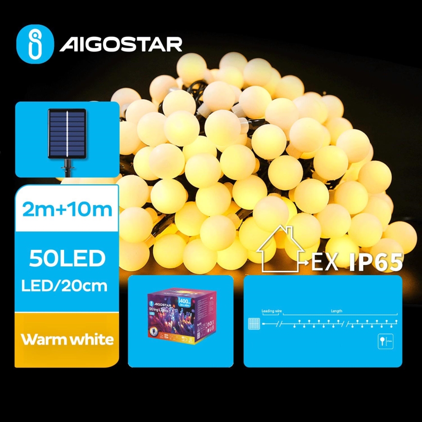 Aigostar - LED Solar Decoratieve lichtsnoer 50xLED/8 Functies 12m 800 mAh IP65 warm wit