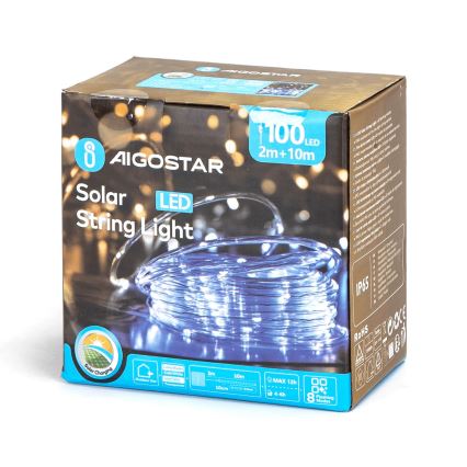 Aigostar - LED Solar Kerst lichtsnoer 100xLED/8 Functies 12m IP65 koud wit