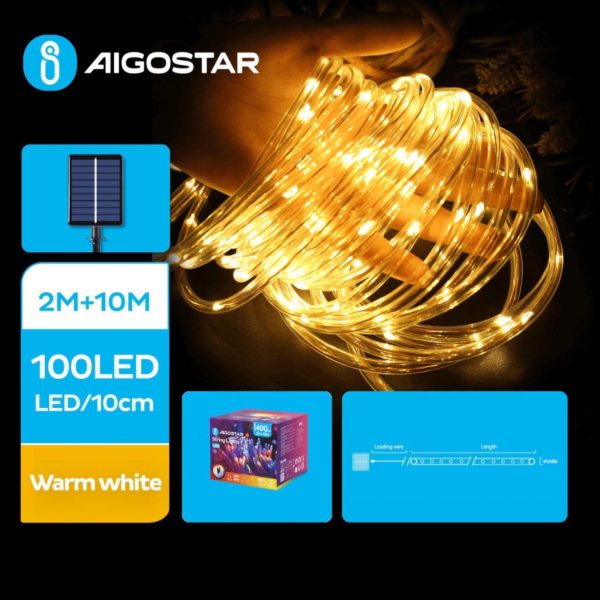 Aigostar - LED Solar Kerst lichtsnoer 100xLED/8 Functies 12m IP65 warm wit