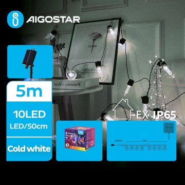 Aigostar - LED Solar Kerst lichtsnoer 10xLED/8 Functies 6,5m IP65 koud wit