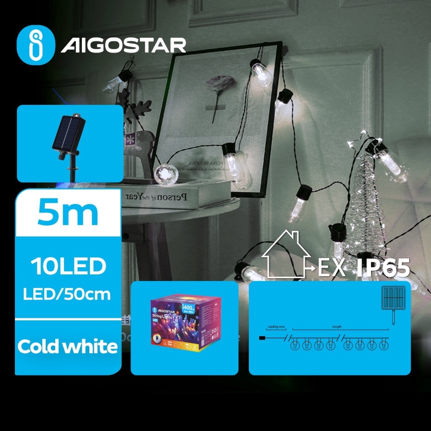 Aigostar - LED Solar Kerst lichtsnoer 10xLED/8 Functies 6,5m IP65 koud wit
