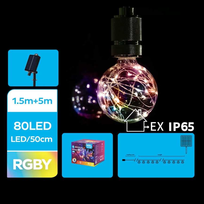 Aigostar - LED Solar Kerst lichtsnoer 10xLED/8 Functies 6,5m IP65 Meerdere kleuren
