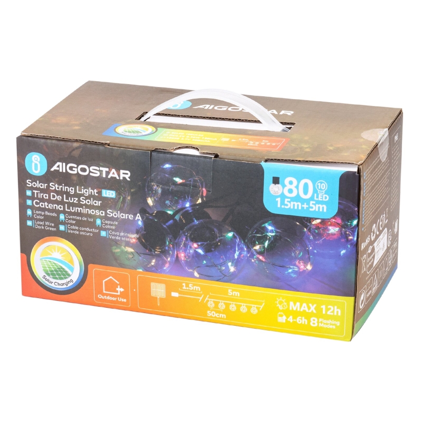 Aigostar - LED Solar Kerst lichtsnoer 10xLED/8 Functies 6,5m IP65 Meerdere kleuren