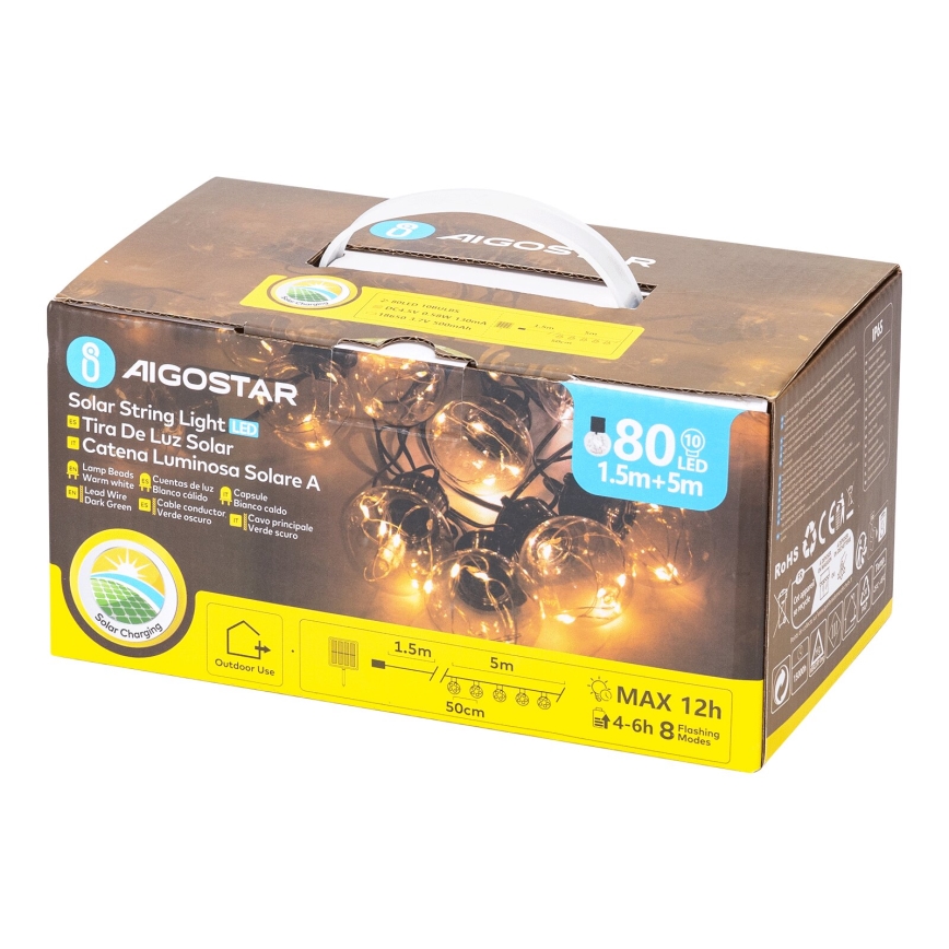 Aigostar - LED Solar Kerst lichtsnoer 10xLED/8 Functies 6,5m IP65 warm wit