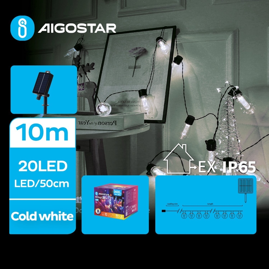 Aigostar - LED Solar Kerst lichtsnoer 20xLED/8 Functies 11,5m IP65 koud wit