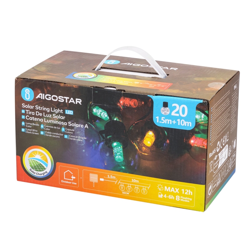 Aigostar - LED Solar Kerst lichtsnoer 20xLED/8 Functies 11,5m IP65 Meerdere kleuren