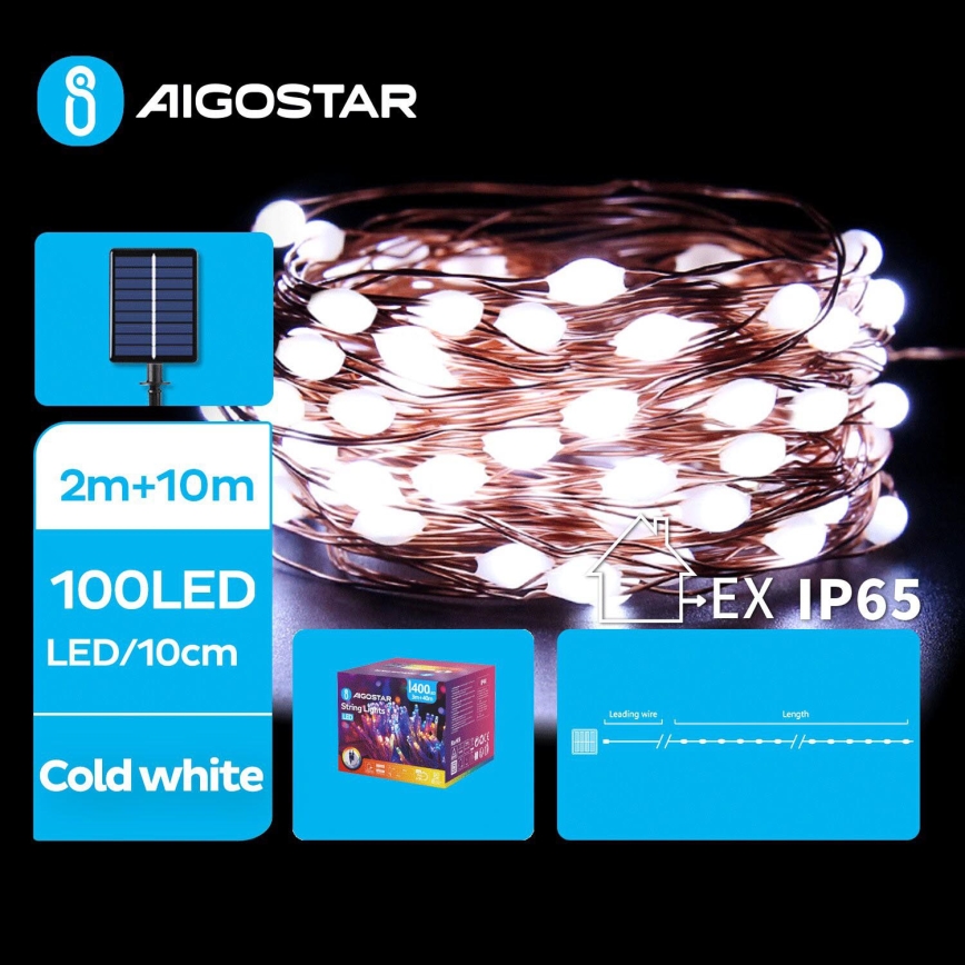 Aigostar - LED Solar Kerstketting 100xLED/8 Functies 12m IP65 800 mAh koud wit