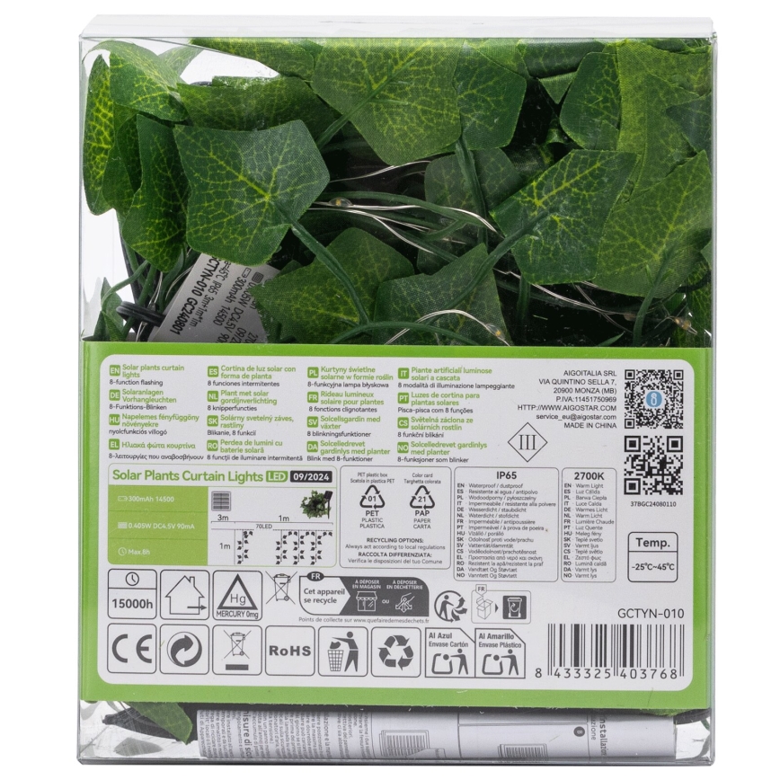 Aigostar - LED Solar ketting 70xLED/4x1m IP65 warm wit ivy