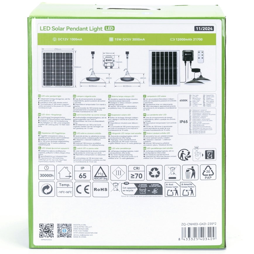 Aigostar - LED Solar kroonluchter 2xLED/70W/12V 12000 mAh 6500K diameter 23,5 cm + afstandsbediening