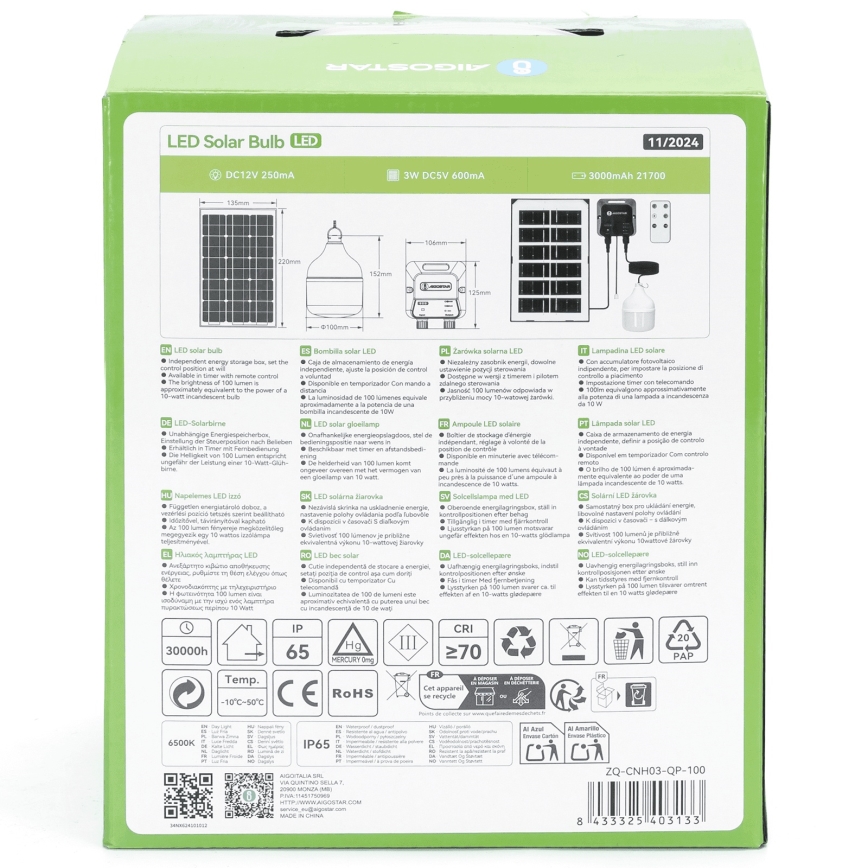 Aigostar - LED Solar kroonluchter LED/35W/12V 3000 mAh 6500K diameter 10 cm + afstandsbediening