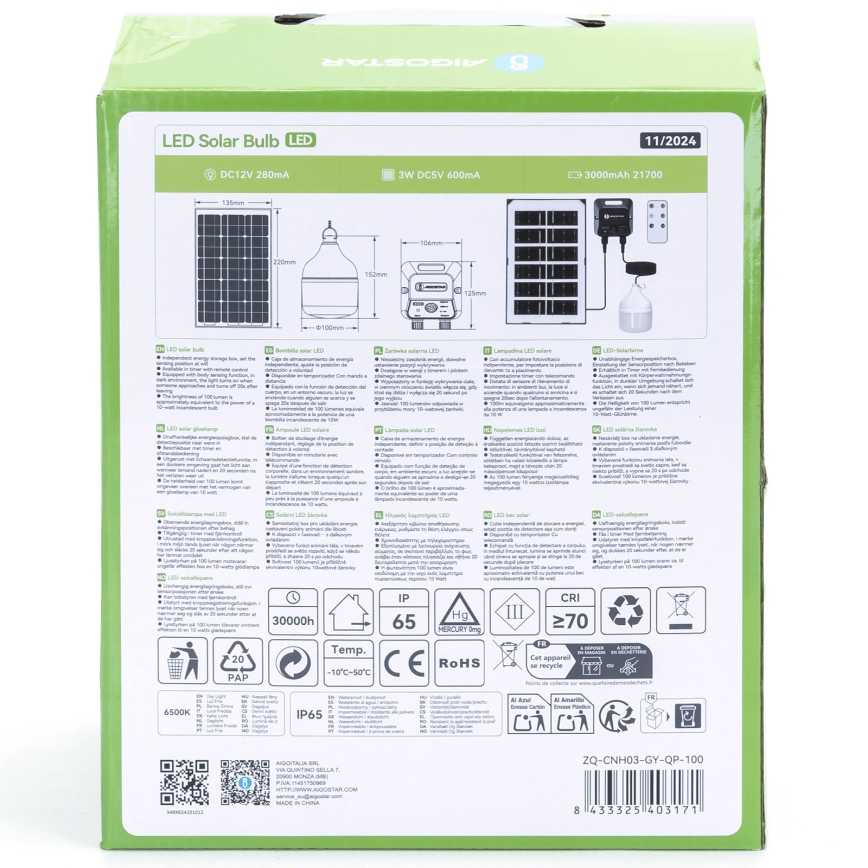 Aigostar - LED Solar kroonluchter met sensor LED/35W/12V 3000 mAh 6500K diameter 10 cm + afstandsbediening