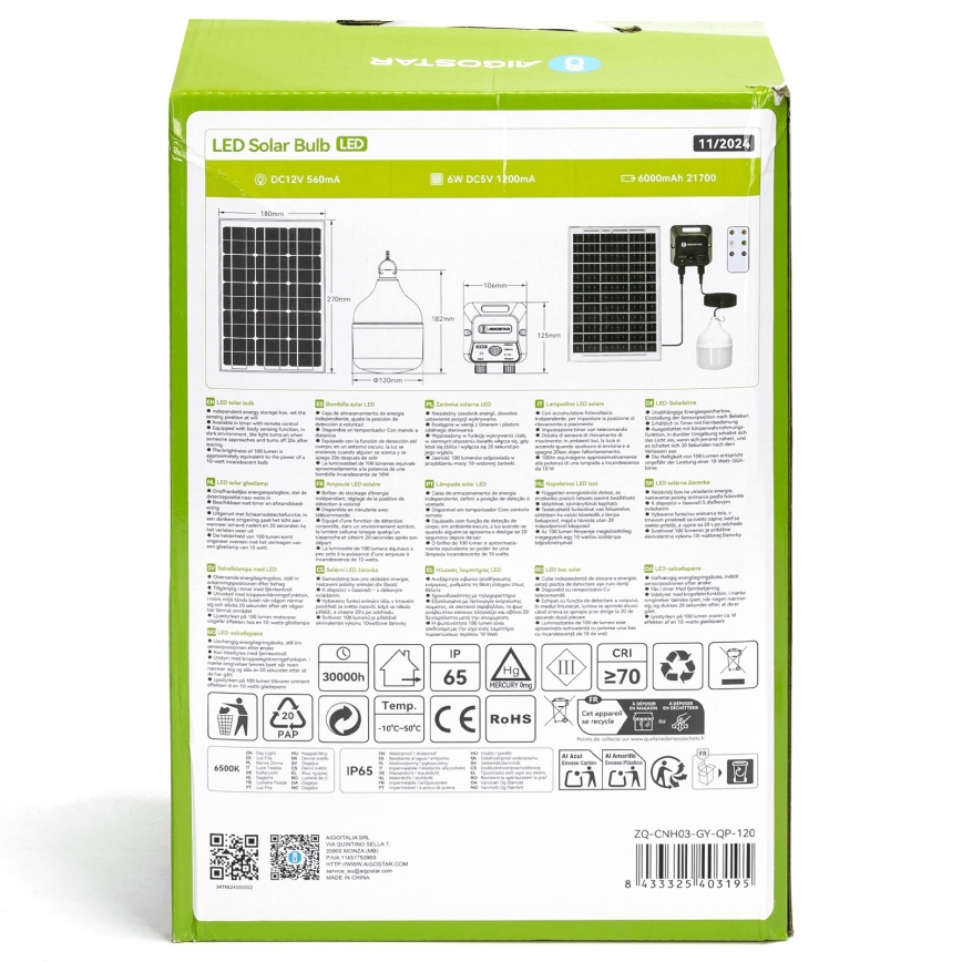 Aigostar - LED Solar kroonluchter met sensor LED/70W/12V 6000 mAh 6500K diameter 12 cm + afstandsbediening