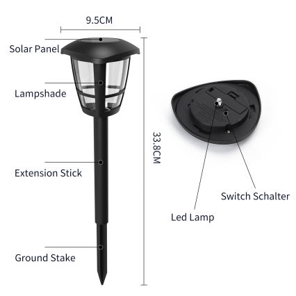 Aigostar - LED Solar lamp LED/0,06W/2V 100 mAh 33,8 cm 6500K IP44 zwart