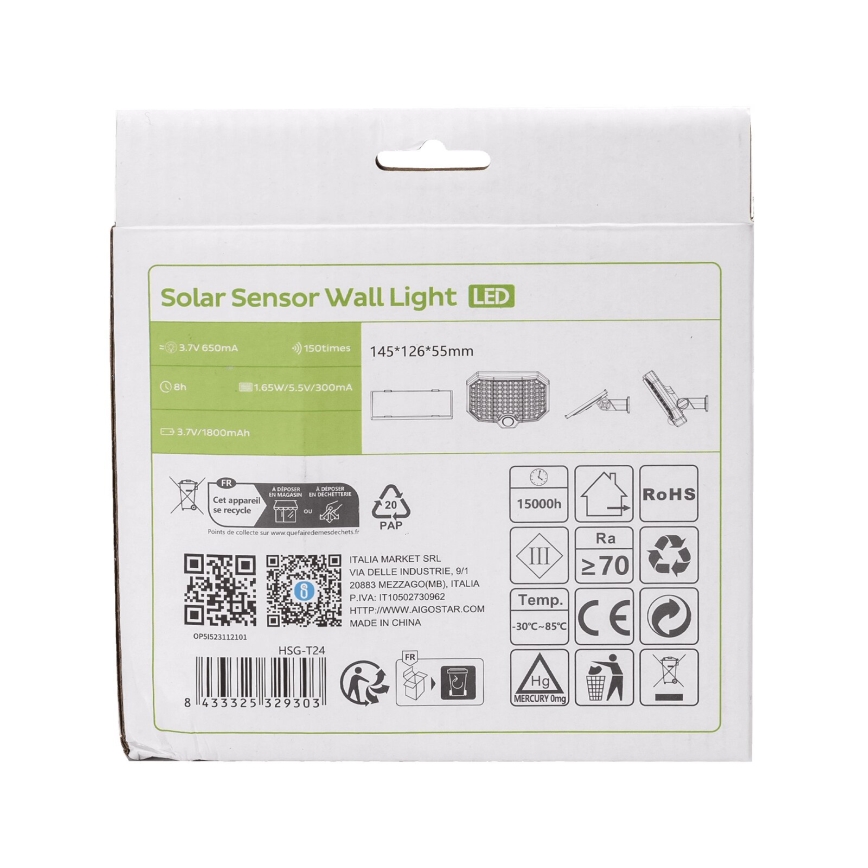 Aigostar - LED Solar lamp met bewegingssensor LED/2,4W/3,7V IP65