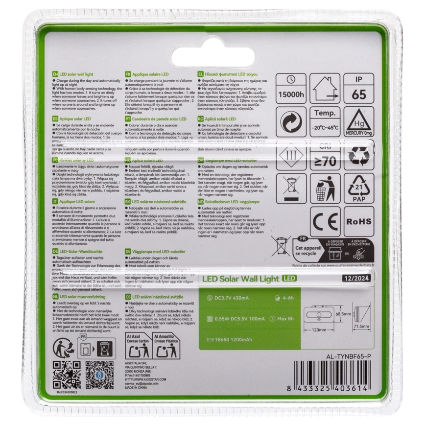 Aigostar - LED Solar Lamp met Sensor LED/3.7V 6500K 500 mAh IP65 zwart