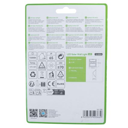 Aigostar - LED Solar Lamp met Sensor LED/3,7V 6500K 500 mAh IP65 Black