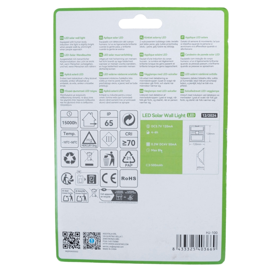 Aigostar - LED Solar Lamp met Sensor LED/3,7V 6500K 500 mAh IP65 Black