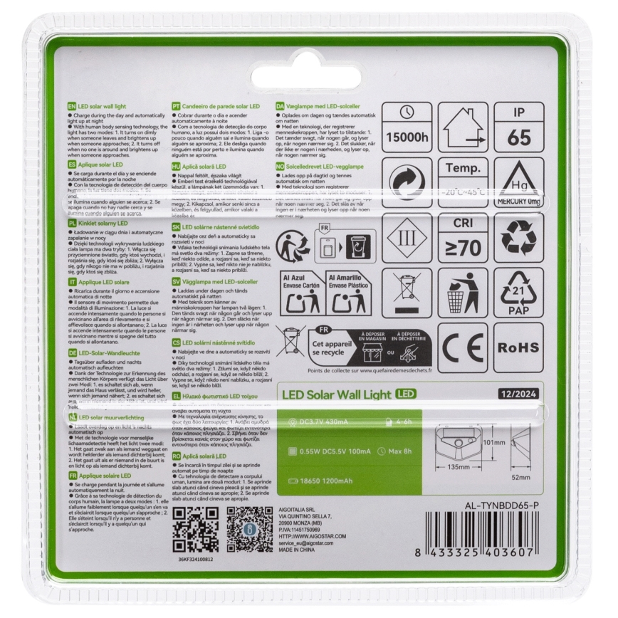 Aigostar - LED Solar Lamp met Sensor LED/3.7V 6500K 500 mAh IP65 Black