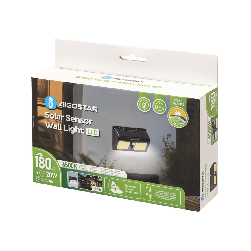 Aigostar - LED Solar wandlamp met sensor LED/20W/5,5V 2400 mAh 6500K IP65