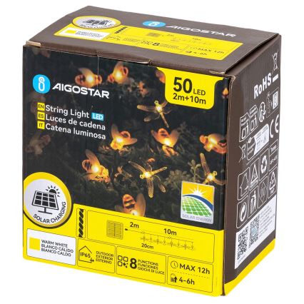 Aigostar - LED solar decoratieslinger 50xLED/8 functies 10 m 800 mAh IP65 warm wit