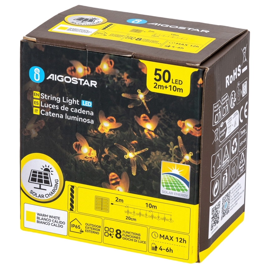 Aigostar - LED solar decoratieslinger 50xLED/8 functies 10 m 800 mAh IP65 warm wit