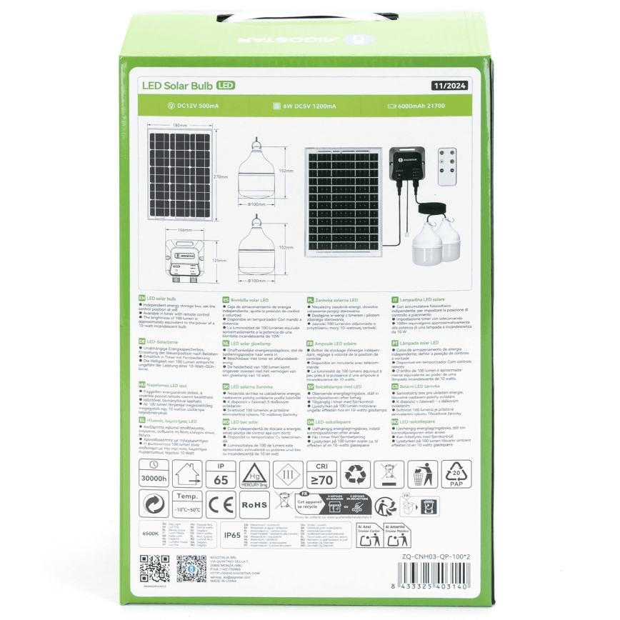 Aigostar - LED zonnependel 2xLED/35W/12V 6000 mAh 6500K IP65 Ø 10 cm + afstandsbediening