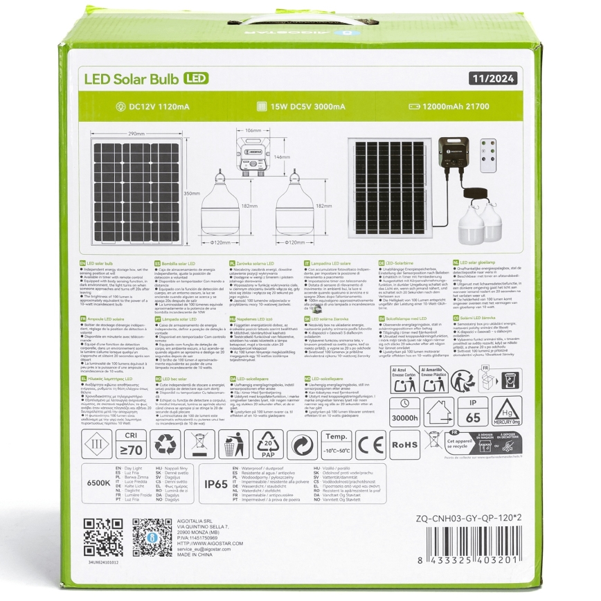 Aigostar - LED-zonnehanglamp met sensor 2xLED/70W/12V 12000 mAh 6500K IP65 Ø 12 cm + afstandsbediening