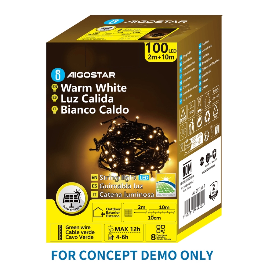Aigostar - LED zonne-kerstsnoer 200×LED/8 functies 22 m IP65 warm wit 800 mAh