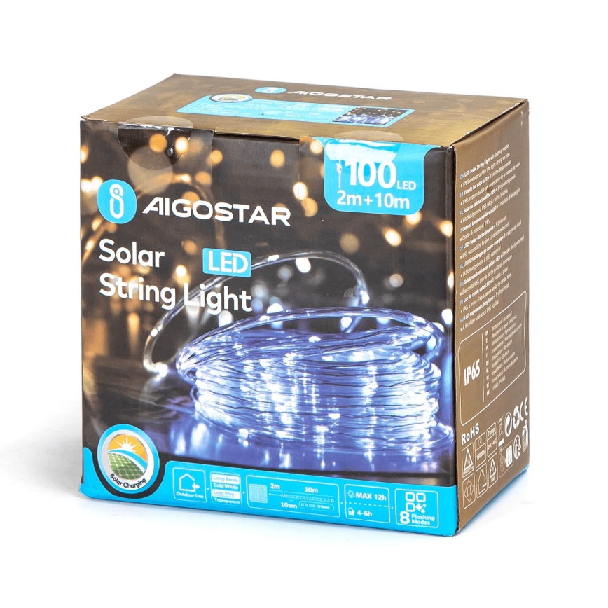 Aigostar - LED zonne-kerstsnoer 100xLED/8 functies 12m IP65 koud wit 800 mAh