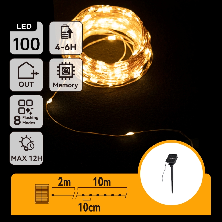 Aigostar - LED zonne-kerstverlichting 100xLED/8 functies 12m 800 mAh IP65 warm wit
