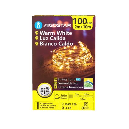 Aigostar - LED zonne-kerstverlichting 100xLED/8 functies 12m 800 mAh IP65 warm wit