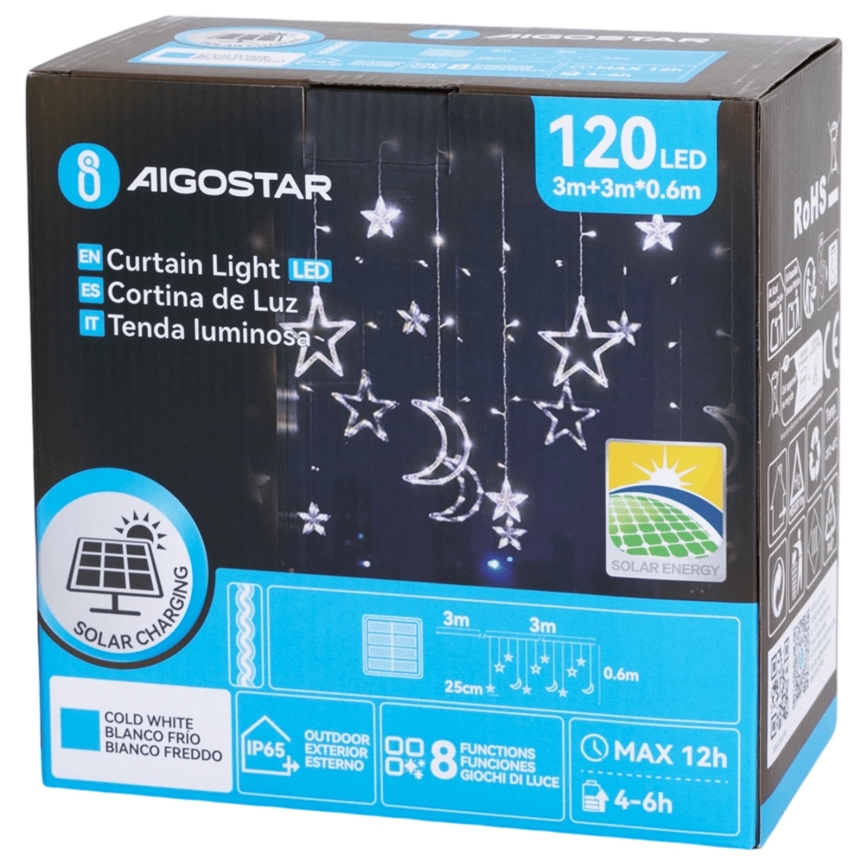 Aigostar - LED-lichtsnoer op zonne-energie, 120 LEDs, 8 functies, 3×0,6 m, 500 mAh, IP65, koud wit