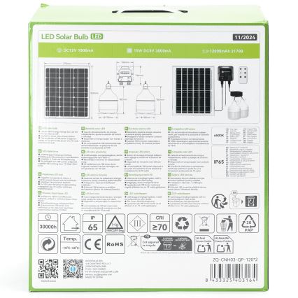 Aigostar - LED zonnehanglamp 2xLED/70W/12V 12000 mAh 6500K IP65 Ø 12 cm + afstandsbediening