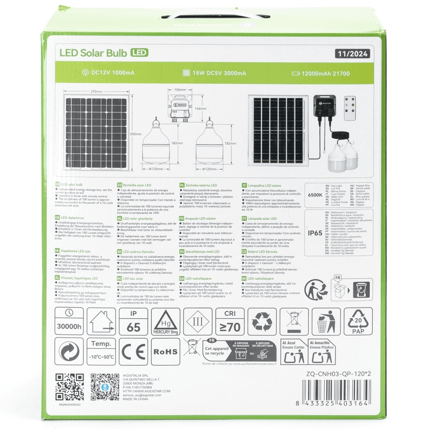 Aigostar - LED zonnehanglamp 2xLED/70W/12V 12000 mAh 6500K IP65 Ø 12 cm + afstandsbediening