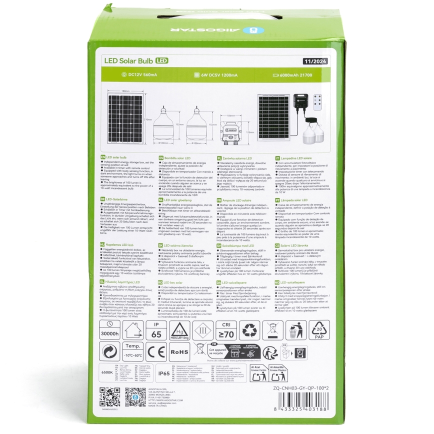 Aigostar - LED zonnehanglamp met sensor 2xLED/35W/12V 6000 mAh 6500K IP65 Ø 10 cm + afstandsbediening