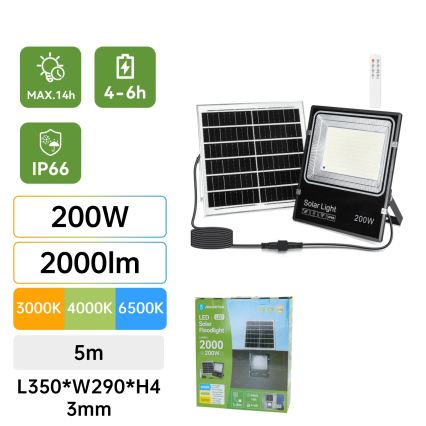 Aigostar - LED-zonneschijnwerper LED/200W/3,2V 3600mAh 3000K/4000K/6500K IP66 + afstandsbediening