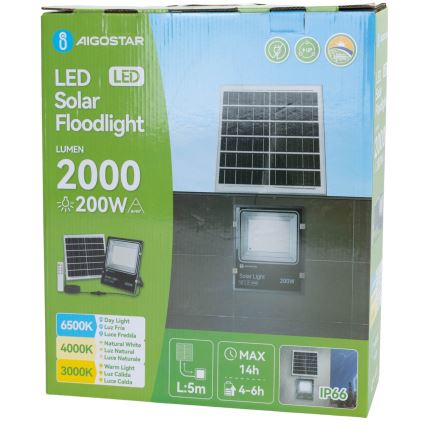 Aigostar - LED-zonneschijnwerper LED/200W/3,2V 3600mAh 3000K/4000K/6500K IP66 + afstandsbediening