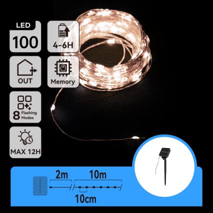 Aigostar - LED-snoer op zonne-energie 100×LED / 8 functies, 12 m, IP65, 800 mAh, koud wit